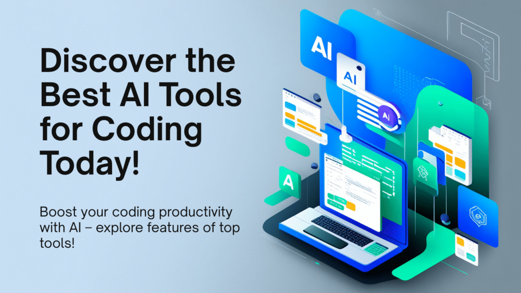 Promotional graphic highlighting the best AI tools for coding, featuring a laptop with code interfaces and AI icons