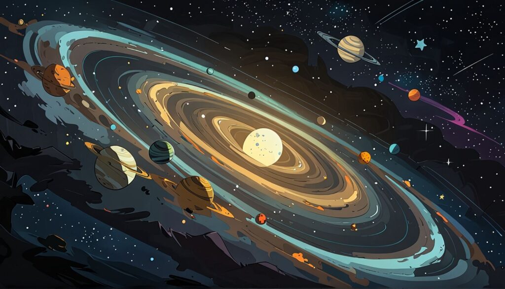 Stylized solar system with orbiting planets, symbolizing the cosmic influence on Gemini personality and zodiac traits.